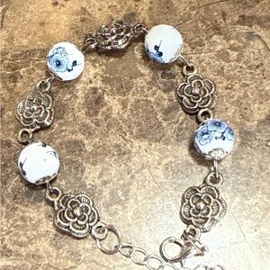 Silver Floral Bracelet with White and Blue Beads